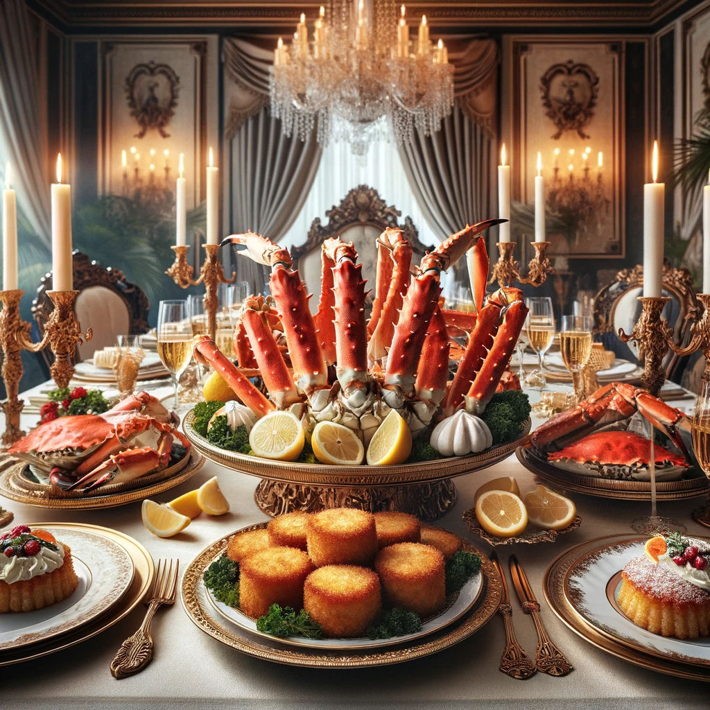 A sumptuous spread of a crab dinner featuring steamed king crab legs, golden crab cakes, and fresh lemon wedges, beautifully presented on a dining table set for a luxurious seafood feast