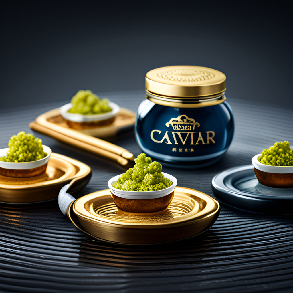Amur Kaluga caviar in a tin with mother-of-pearl spoon on crushed ice — large golden-brown pearls from the Kaluga sturgeon (Huso dauricus) of the Amur River; often called 'river Beluga' for its close relationship to the Caspian Beluga sturgeon (Huso huso)