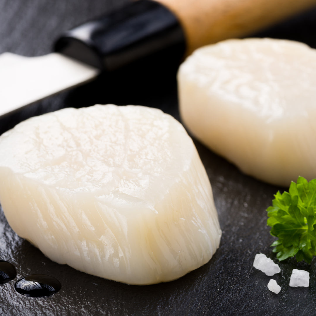 Pan-seared diver scallops with golden crust in lemon butter sauce garnished with fresh parsley