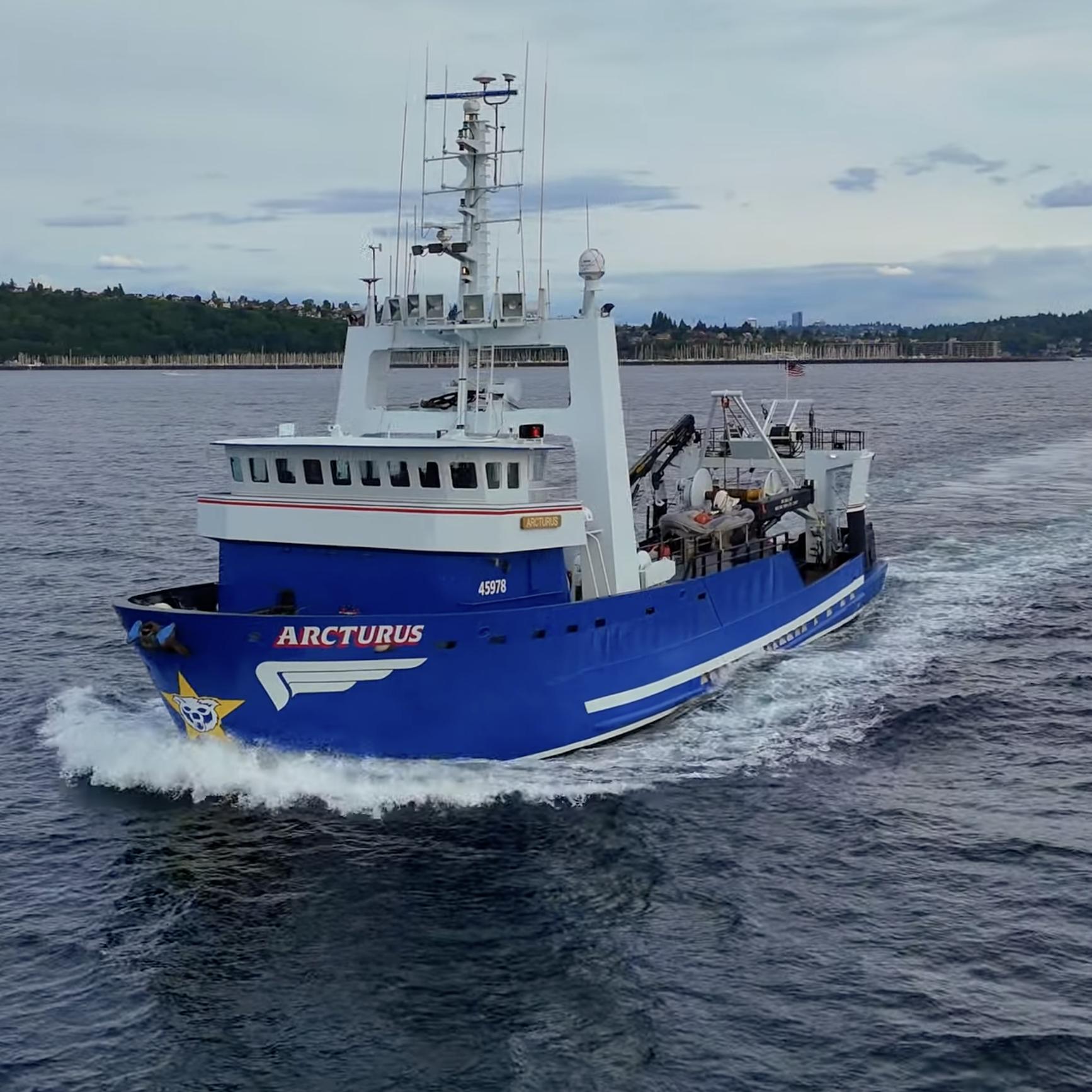 Alaska pollock fishing vessel F/V Arcturus departing Dutch Harbor on the Bering Sea for a pollock trawl season