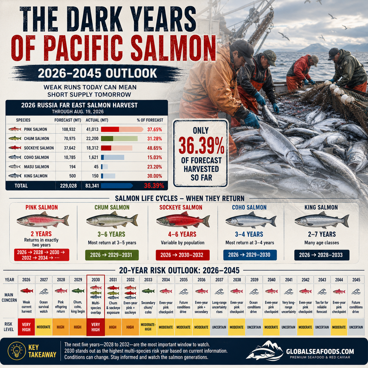 Pacific salmon in a river — Alaska and Russia salmon run forecast 2026–2045
