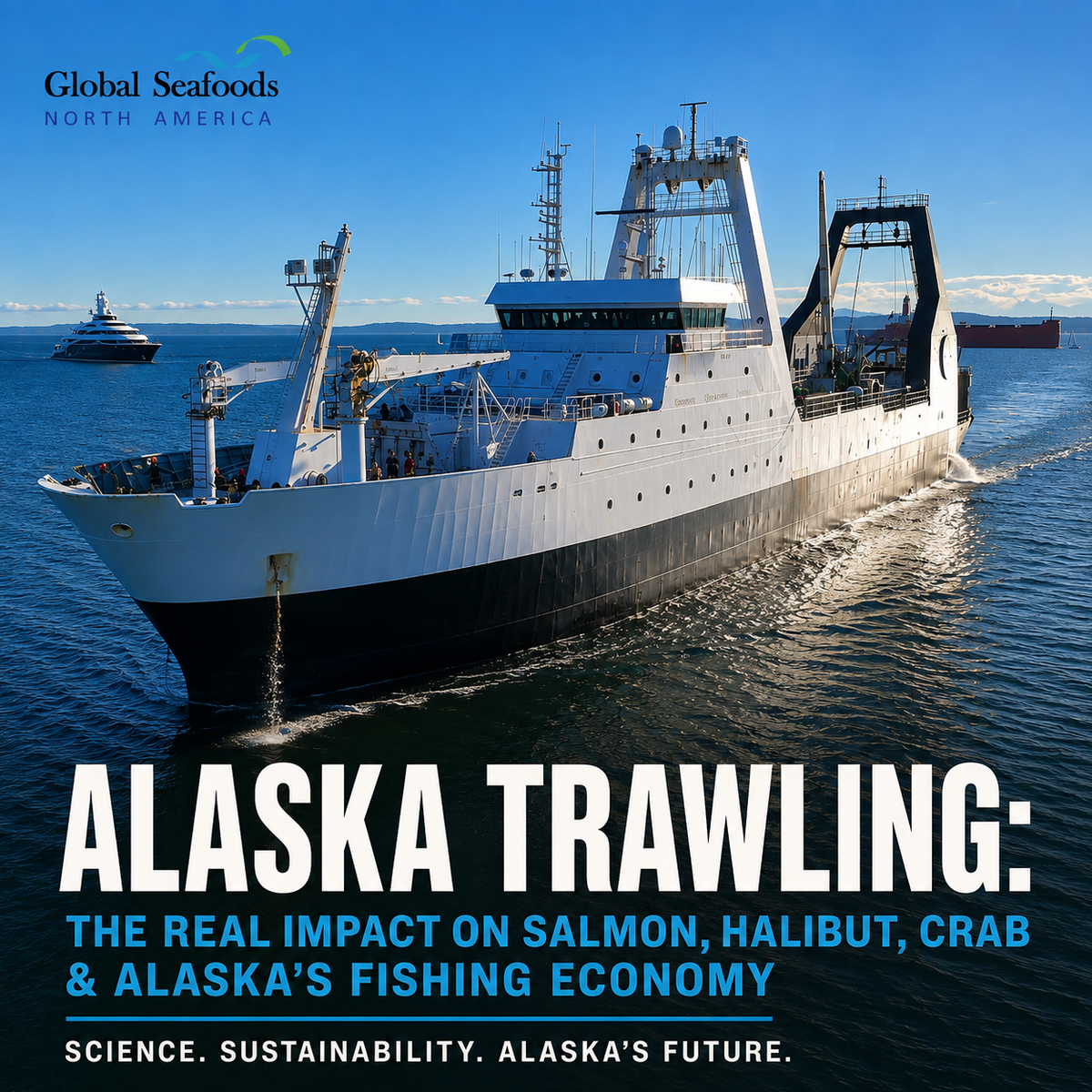 Industrial trawl vessel fishing in Alaska's Bering Sea with mountains in the background