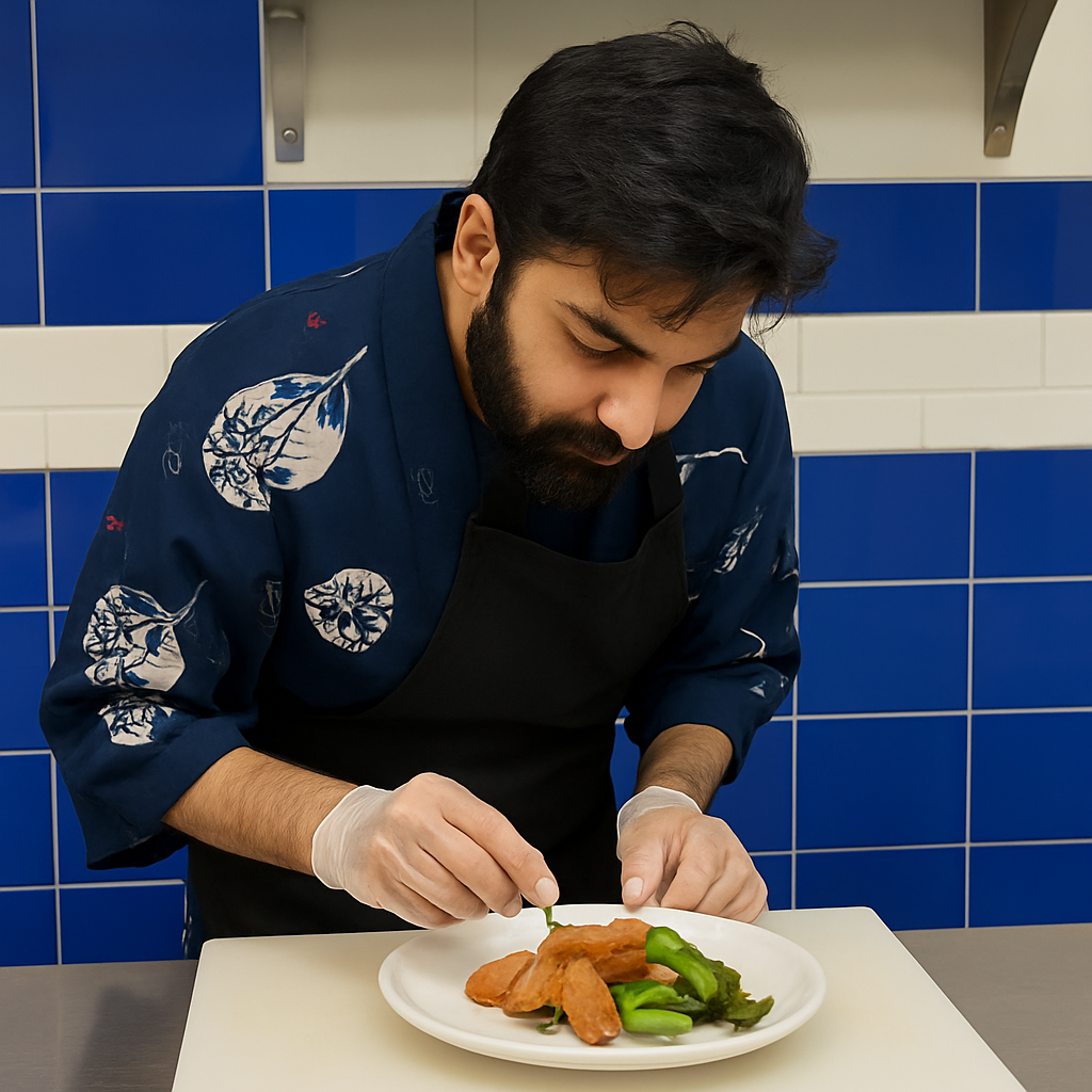 pan-frying with bok choy, potato scallops, and adjika sauce
