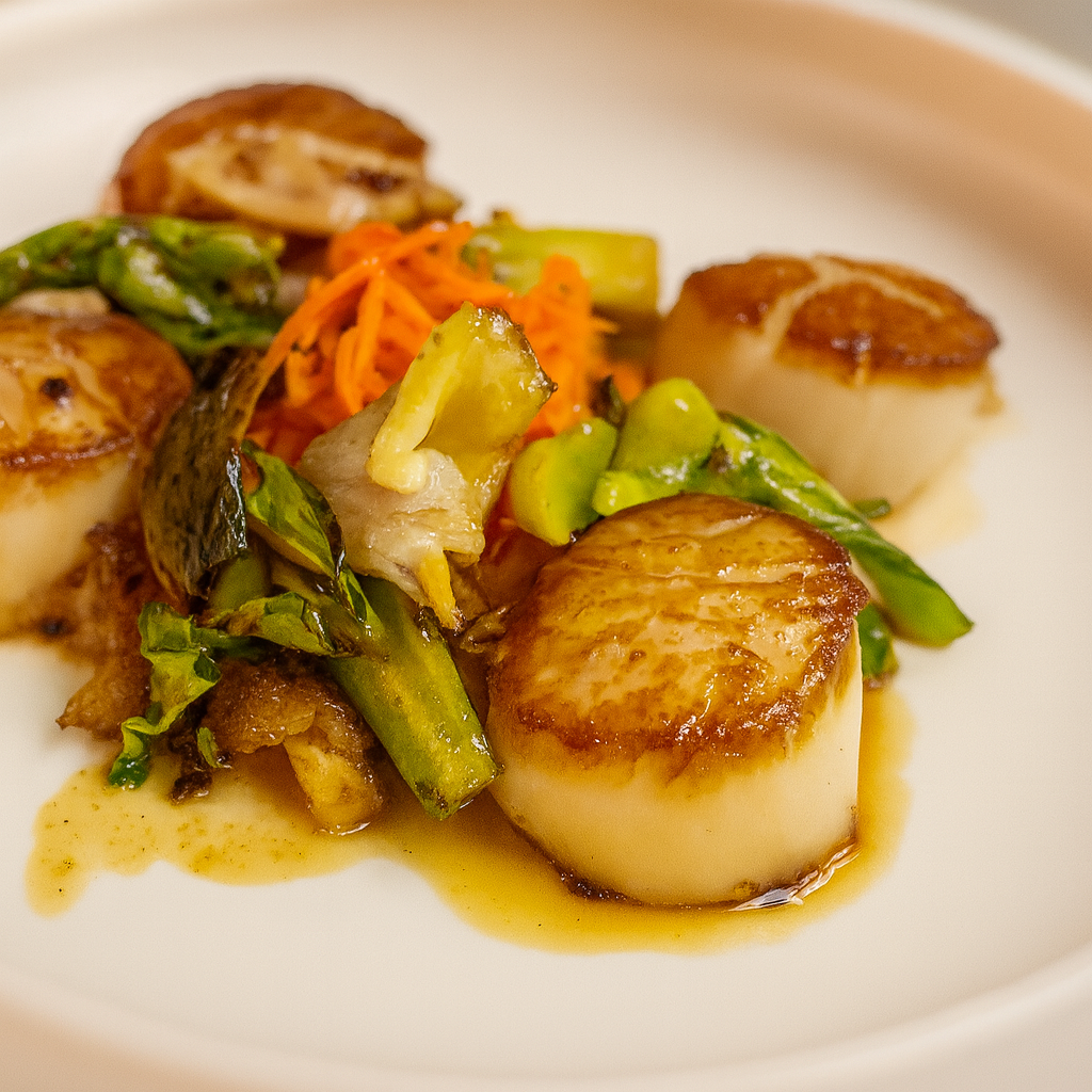 Golden pan-seared jumbo scallops with bok choy and oyster mushrooms in a cast iron pan