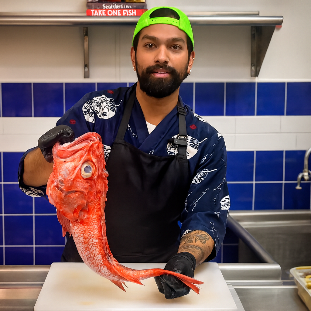 Chef holding a fresh Idiot Rockfish (Kinki) before filleting, showing the whole fish with bright red skin, preparing for seafood cooking demonstration