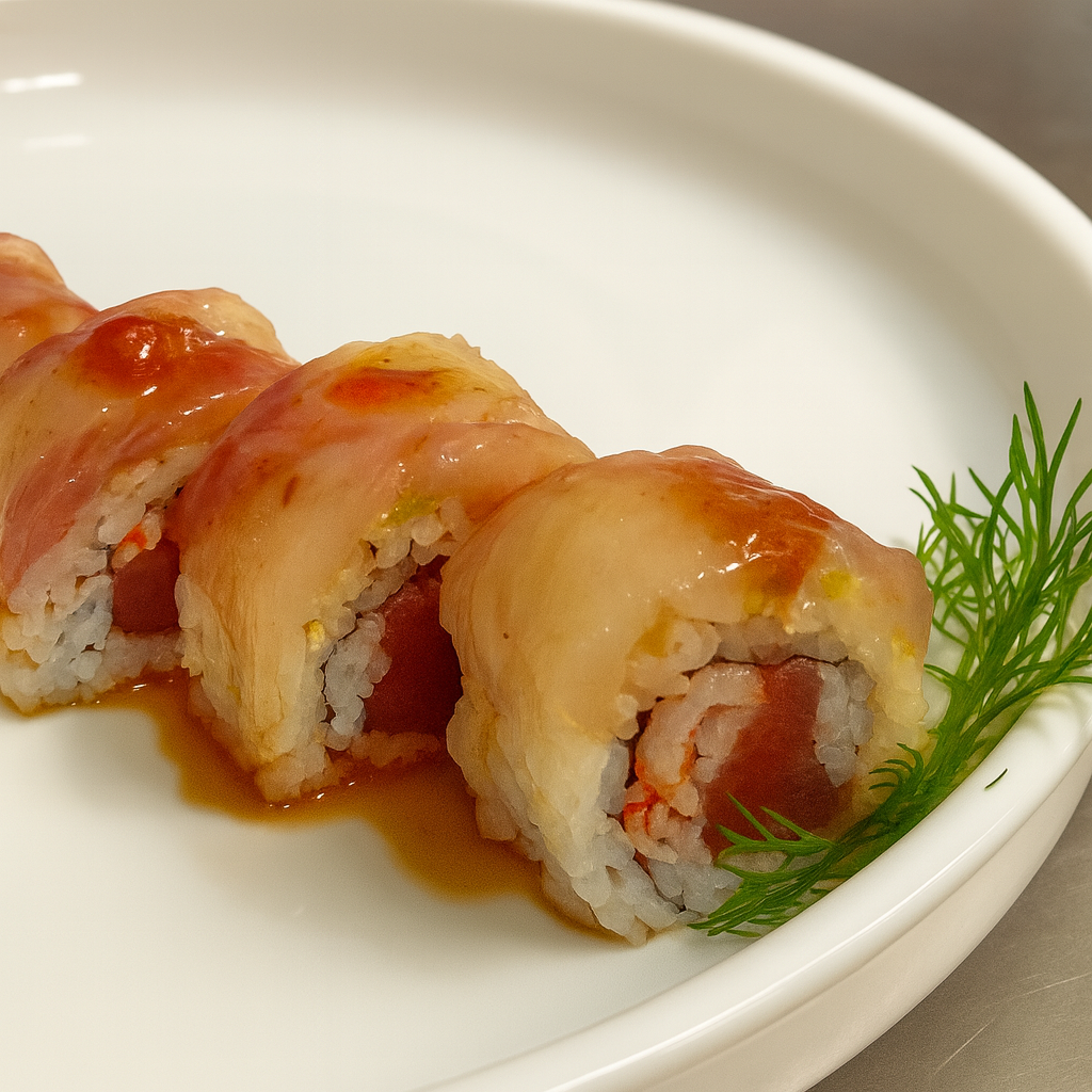 Homemade sushi roll topped with cured sea bream slices, assembled with dry-aged tuna, crab meat, sushi rice, and nori on a wooden board