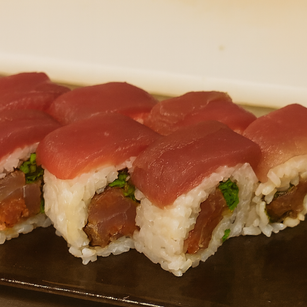 Finished dry-aged Ahi tuna sushi roll with sliced tuna on top and spicy filling inside
