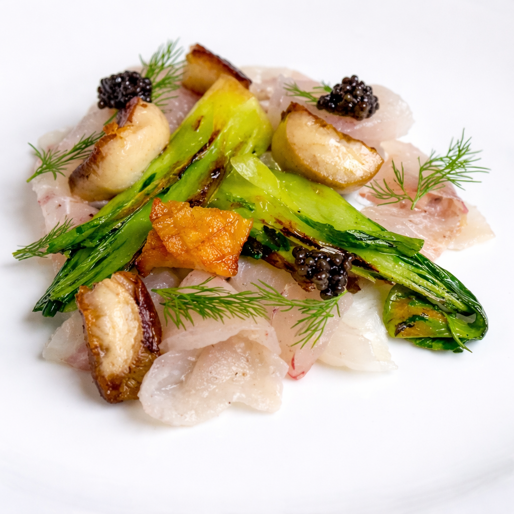 Chef-style turbot sashimi preparation with cleanly sliced raw turbot, sautéed mushrooms, fresh herbs, and refined restaurant plating.