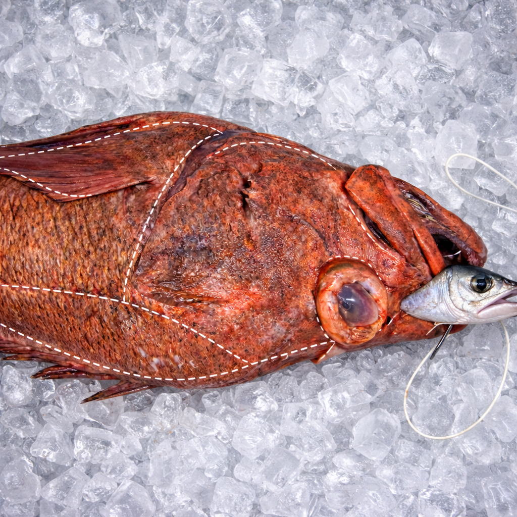 Raw Giant Red Rockfish fillet on cutting board with herbs