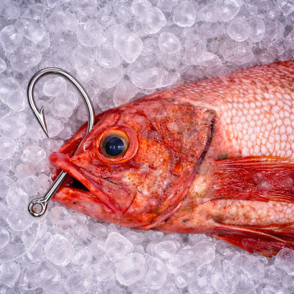 Chef butterflying a whole wild-caught red rockfish on a wooden cutting board