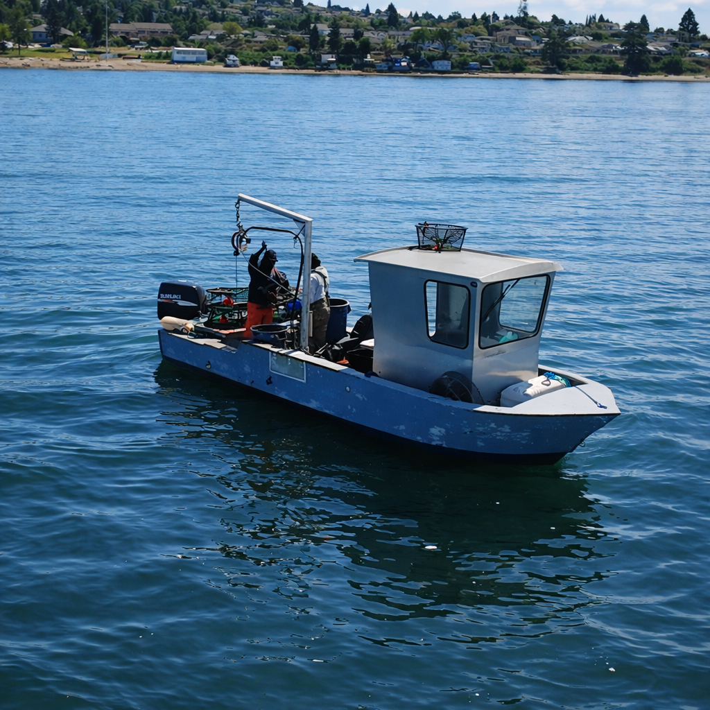 Family-owned commercial Dungeness crab boat hauling pots at sunrise in Commencement Bay, Tacoma, Washington