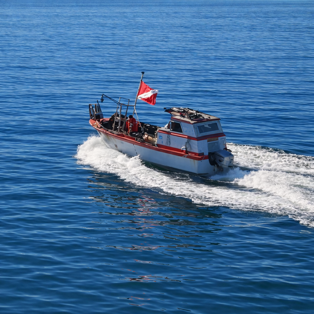 Commercial dive boat racing through Port Gamble Bay at sunrise