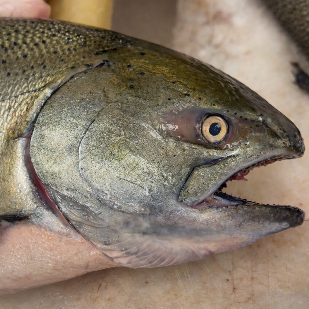 Filleting a whole Copper River King Salmon on a cutting board