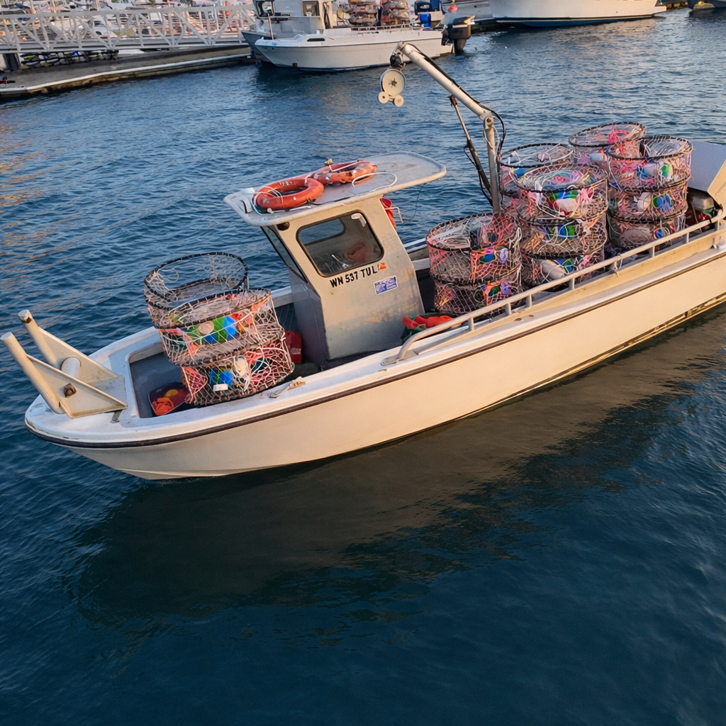 Dungeness crab boat arriving at Shilshole Bay Marina from above