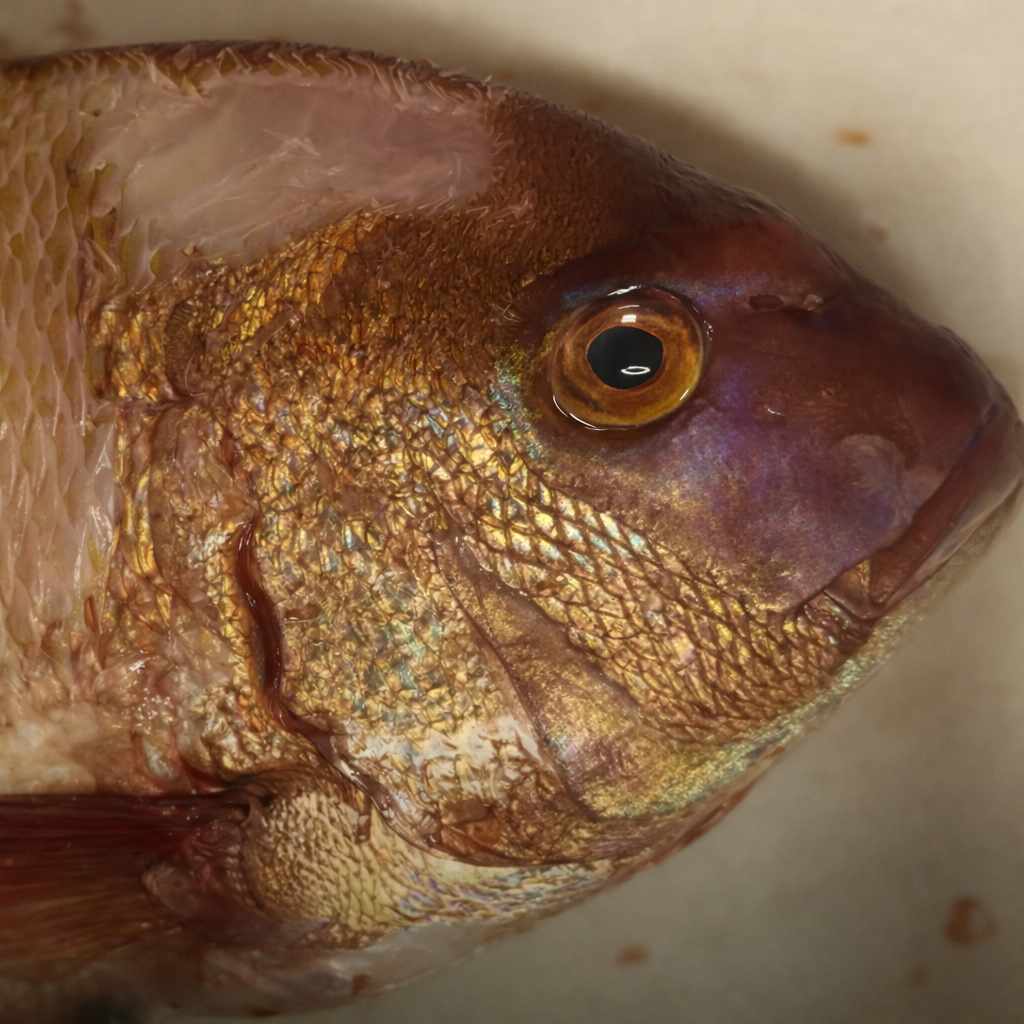 Fresh Madai (Japanese Red Seabream) being cleaned and prepped for dry aging on a cutting board