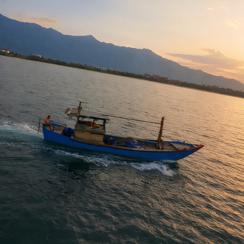 Traditional wooden Vietnamese fishing boat at sunset, gliding across Lang Co Bay toward open sea