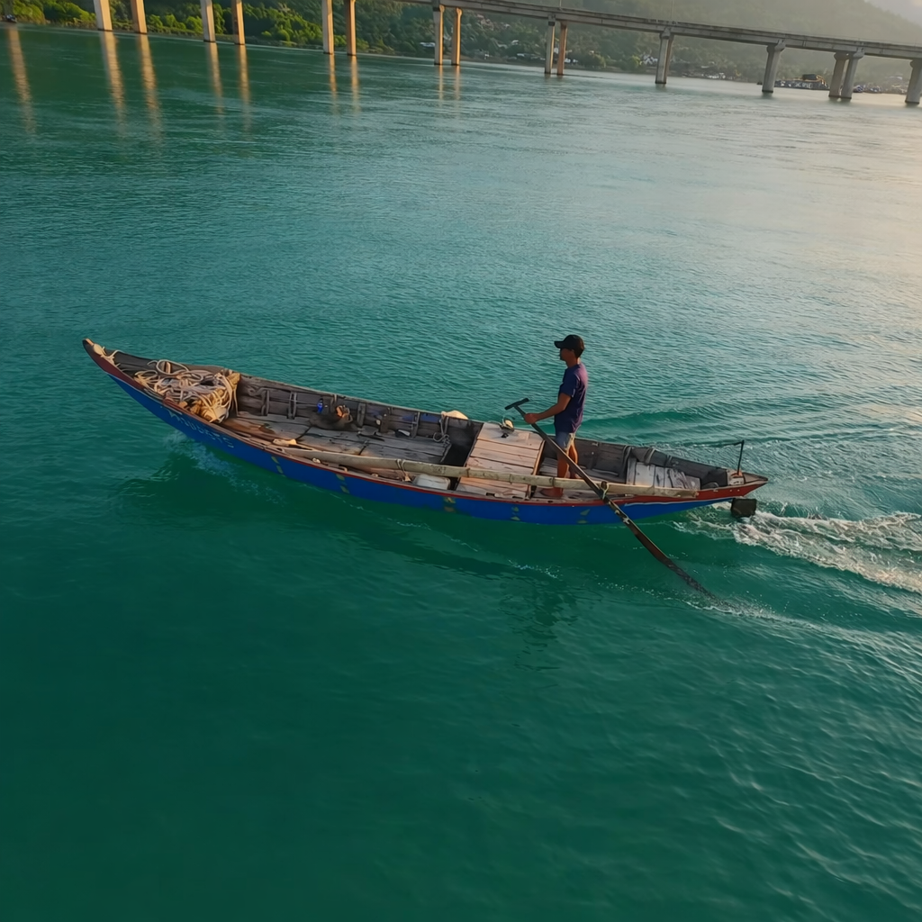 Wooden fishing boat with oars crossing Lang Co Bay at sunrise