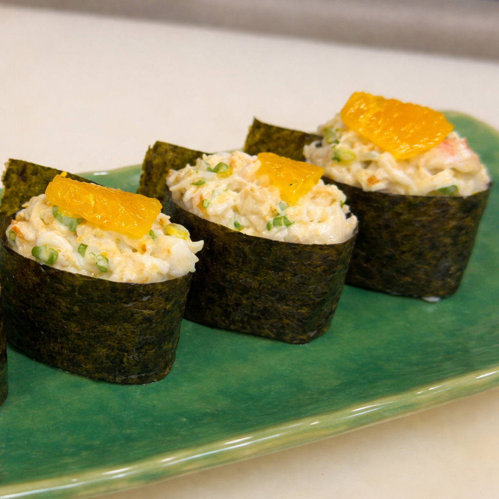Gunkan nigiri with king crab and black caviar on a bamboo platter