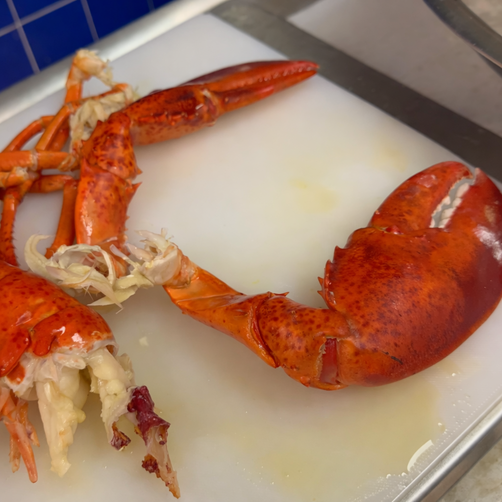 Freshly cracked cold-water Maine lobster on a cutting board with lemon wedges and melted butter