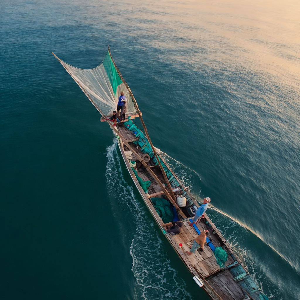 Small wooden fishing boat in turquoise waters of Lang Co Bay, Vietnam, filmed from drone at sunrise