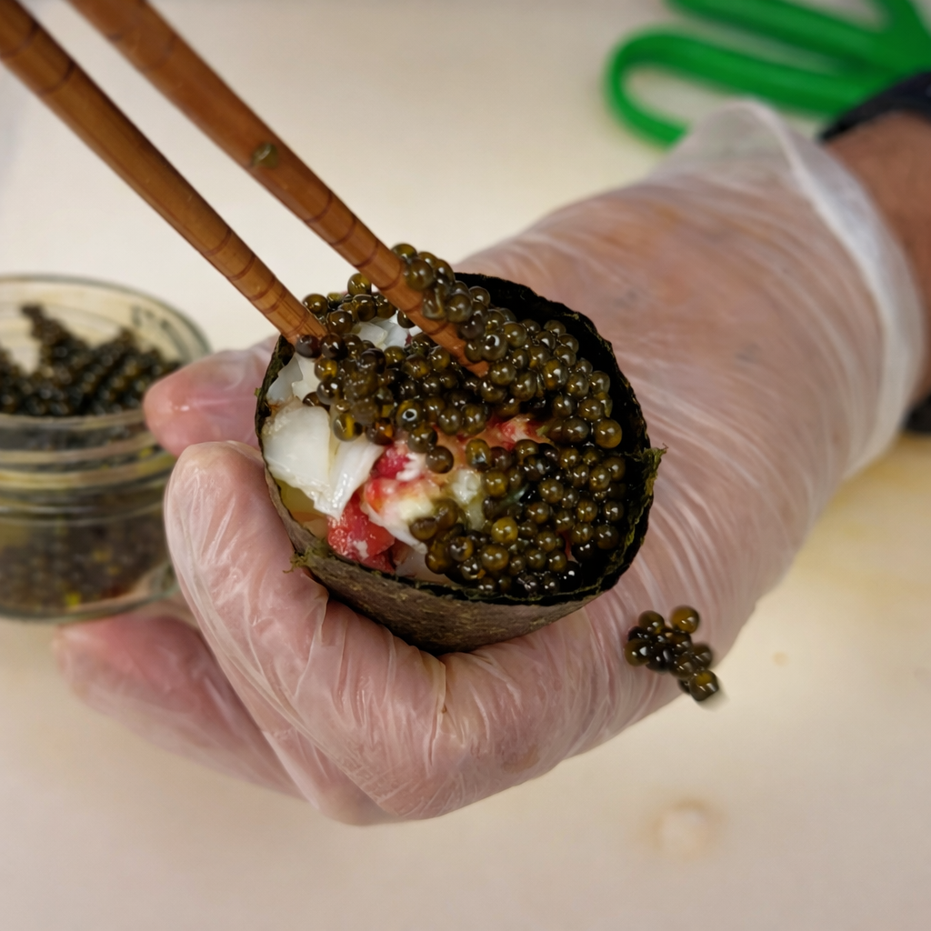 Handmade king crab sushi roll topped with paddlefish black caviar on dark serving board