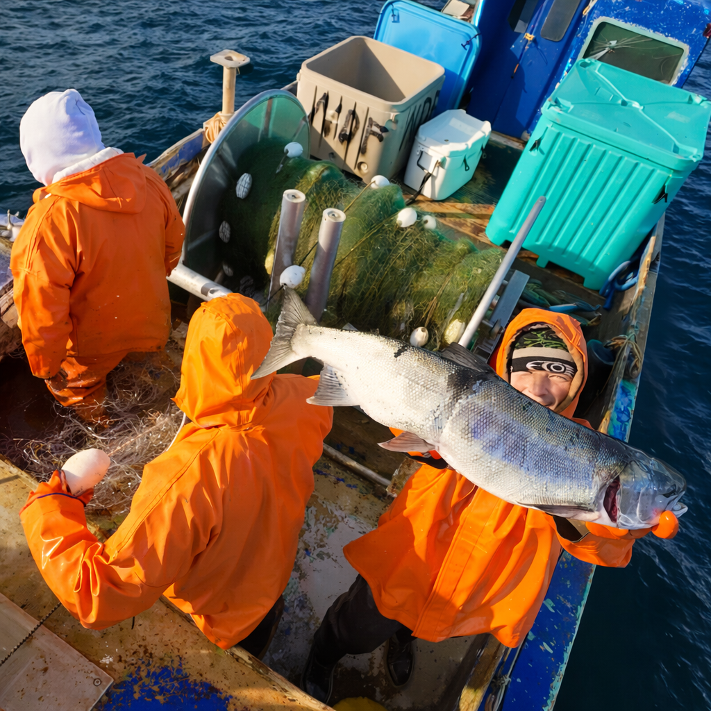 Suquamish tribal fisherman pulls chum salmon from net near Port Madison Bay with misty Pacific Northwest backdrop