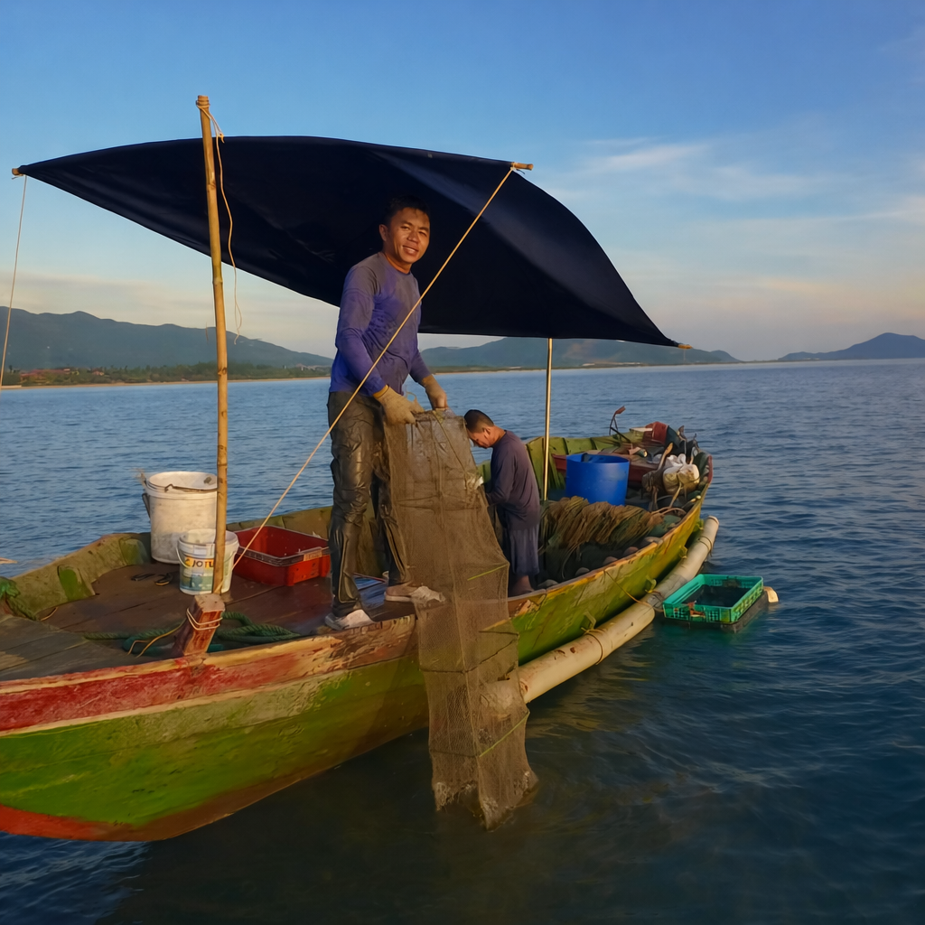 Vietnamese fisherman pulling crab trap in Lang Co Bay with mountain backdrop at sunset