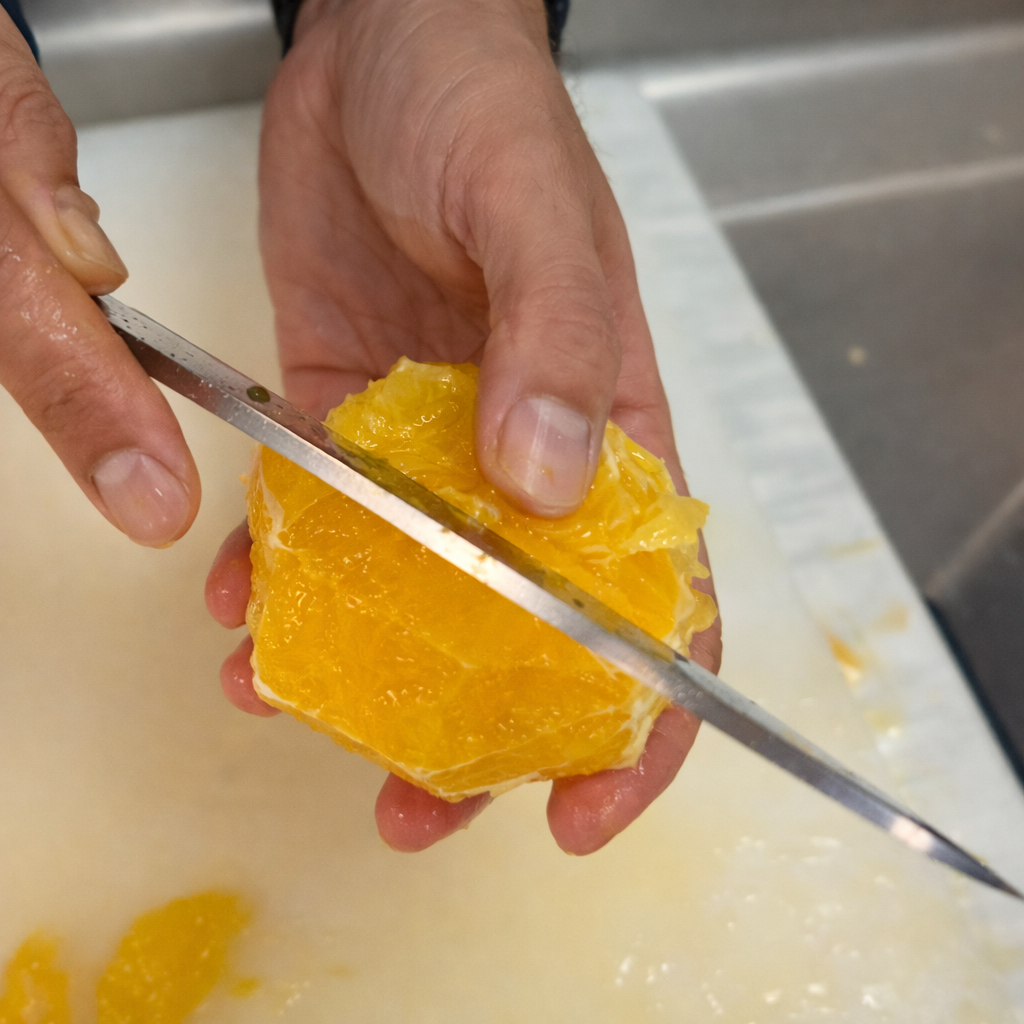 Close-up of chef slicing orange into citrus suprême segments on wooden cutting board