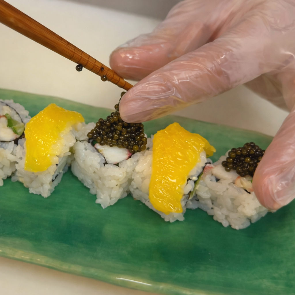 King crab sushi rolls topped with black sturgeon caviar