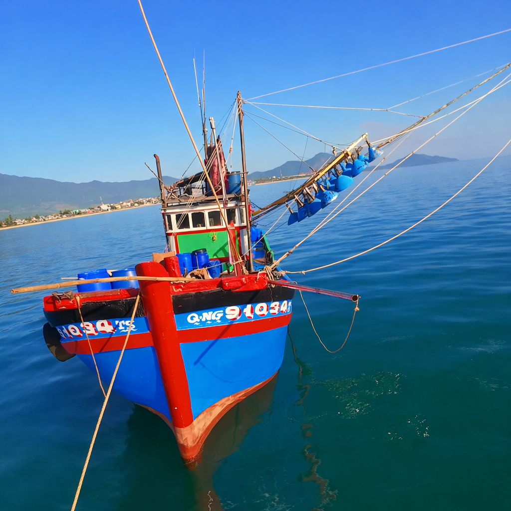 Vietnamese squid fishing boat at night with bright lights attracting squid in open ocean