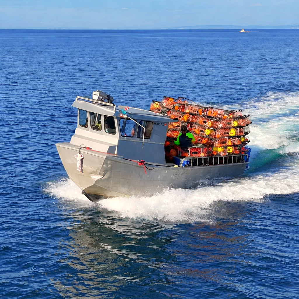 Commercial fishing crew dropping Dungeness crab pots at full speed in Puget Sound, Washington State