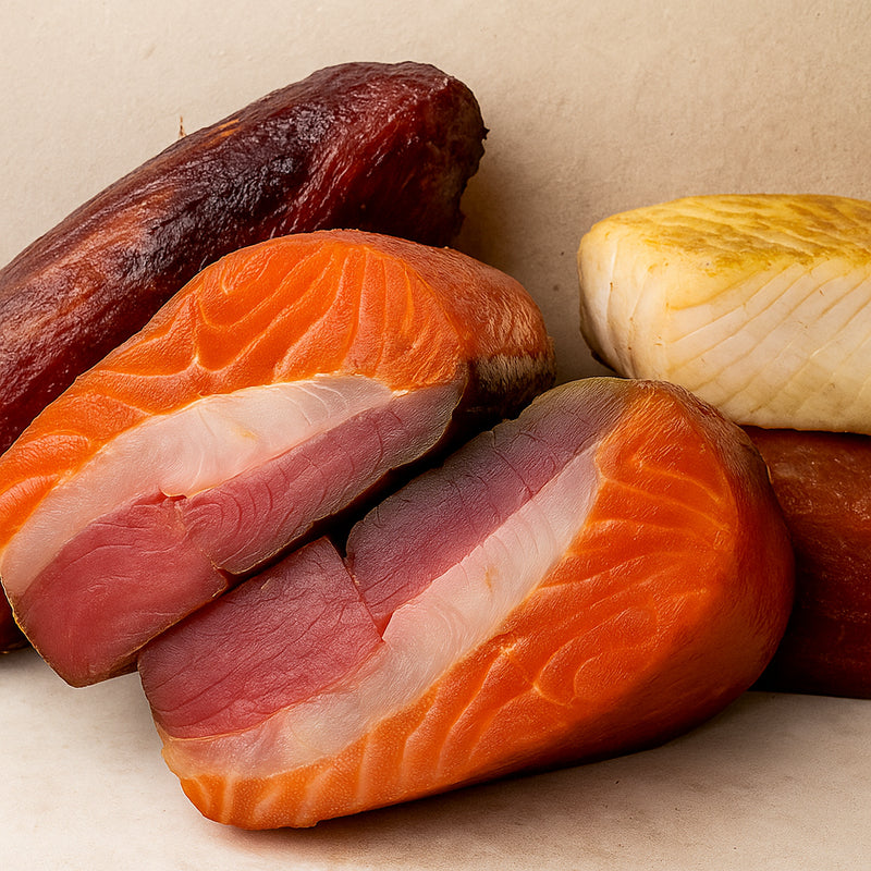 Illustration of orange, pale, and dark fish portions on parchment
