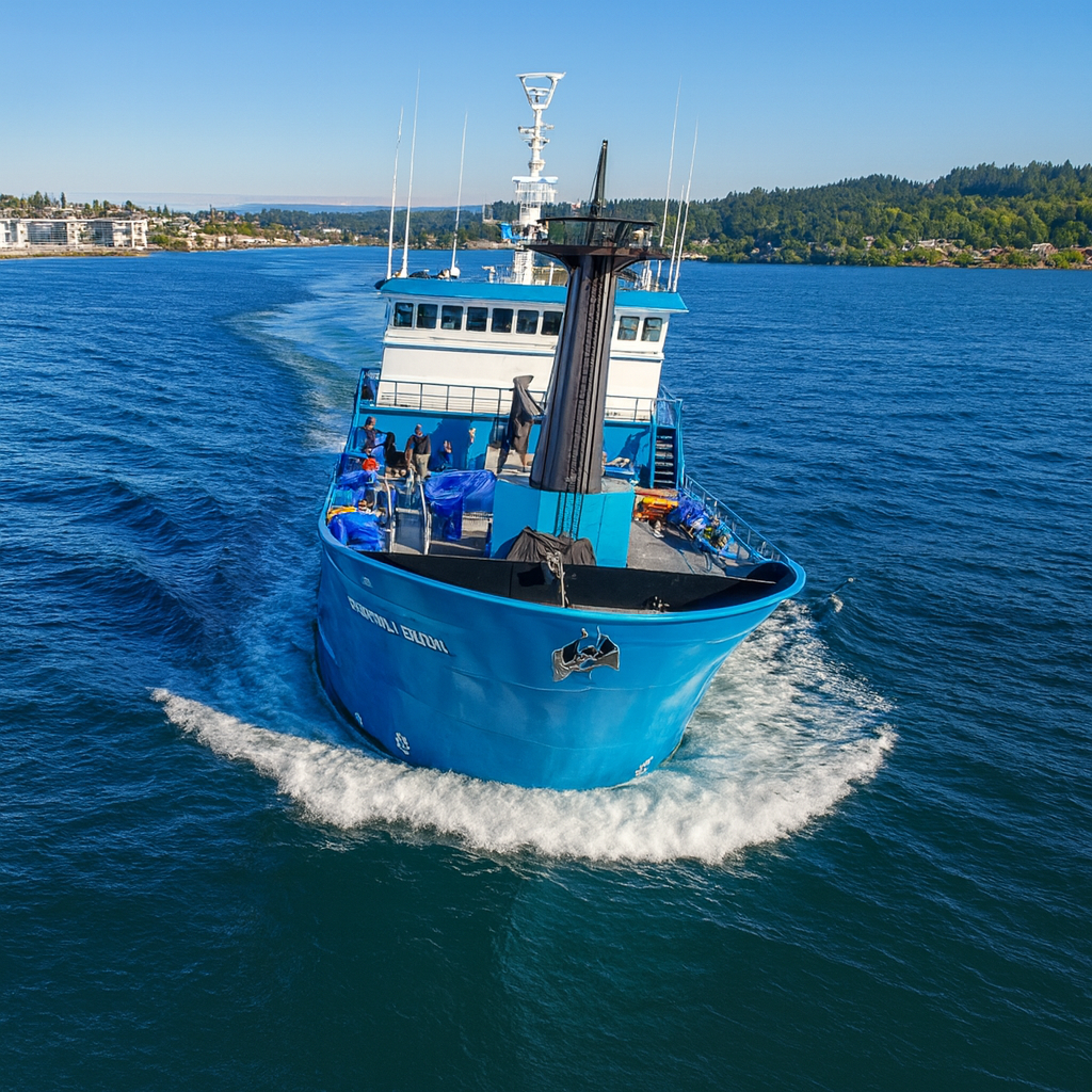 F/V Bering Leader, a 124-foot freezer longliner, departing Seattle's Ballard Locks bound for the Bering Sea, filmed in 4K FPV drone footage