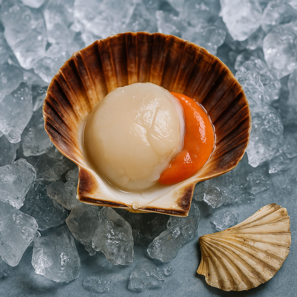 Live East Coast sand scallop being opened with a paring knife on a cutting board, showing the white adductor muscle and shell