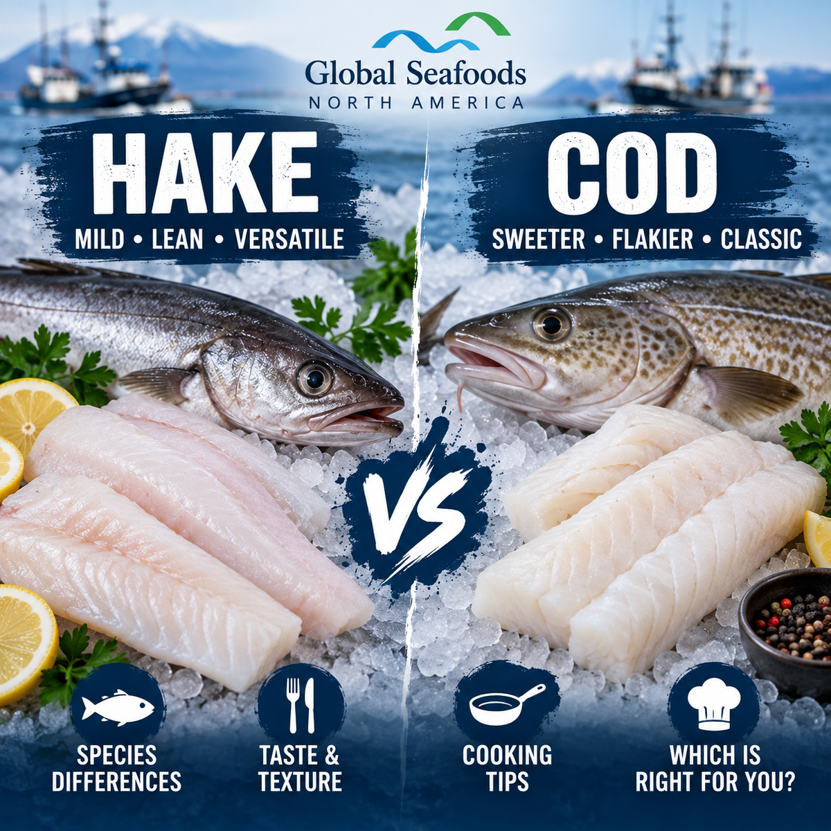 Hake vs cod comparison showing species, taste, texture and cooking differences