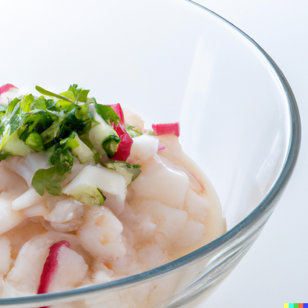 Fresh Pacific cod ceviche with lime, avocado, red onion, and cilantro in a serving bowl