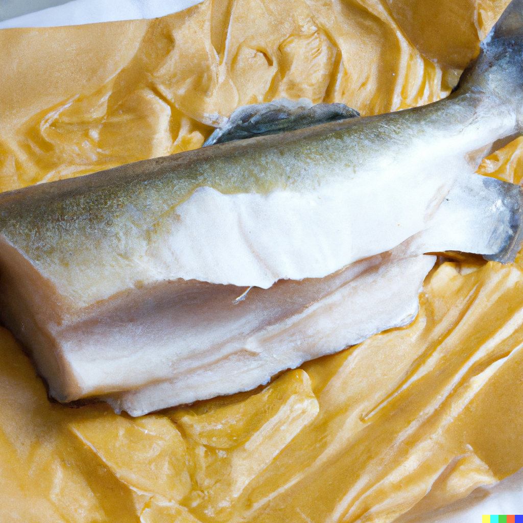 Pacific cod fillet baked in parchment paper with lemon slices, garlic, and fresh thyme