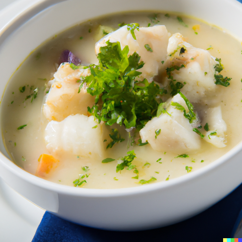 Creamy Pacific cod chowder in a bowl garnished with crispy bacon and fresh parsley