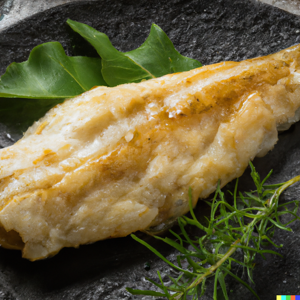 Pacific Cod fillet – wild-caught Alaskan whitefish (Gadus macrocephalus) with mild flaky texture, 70 calories and 15g protein per 3oz serving, MSC-certified sustainable, shown grilled with lemon and herbs