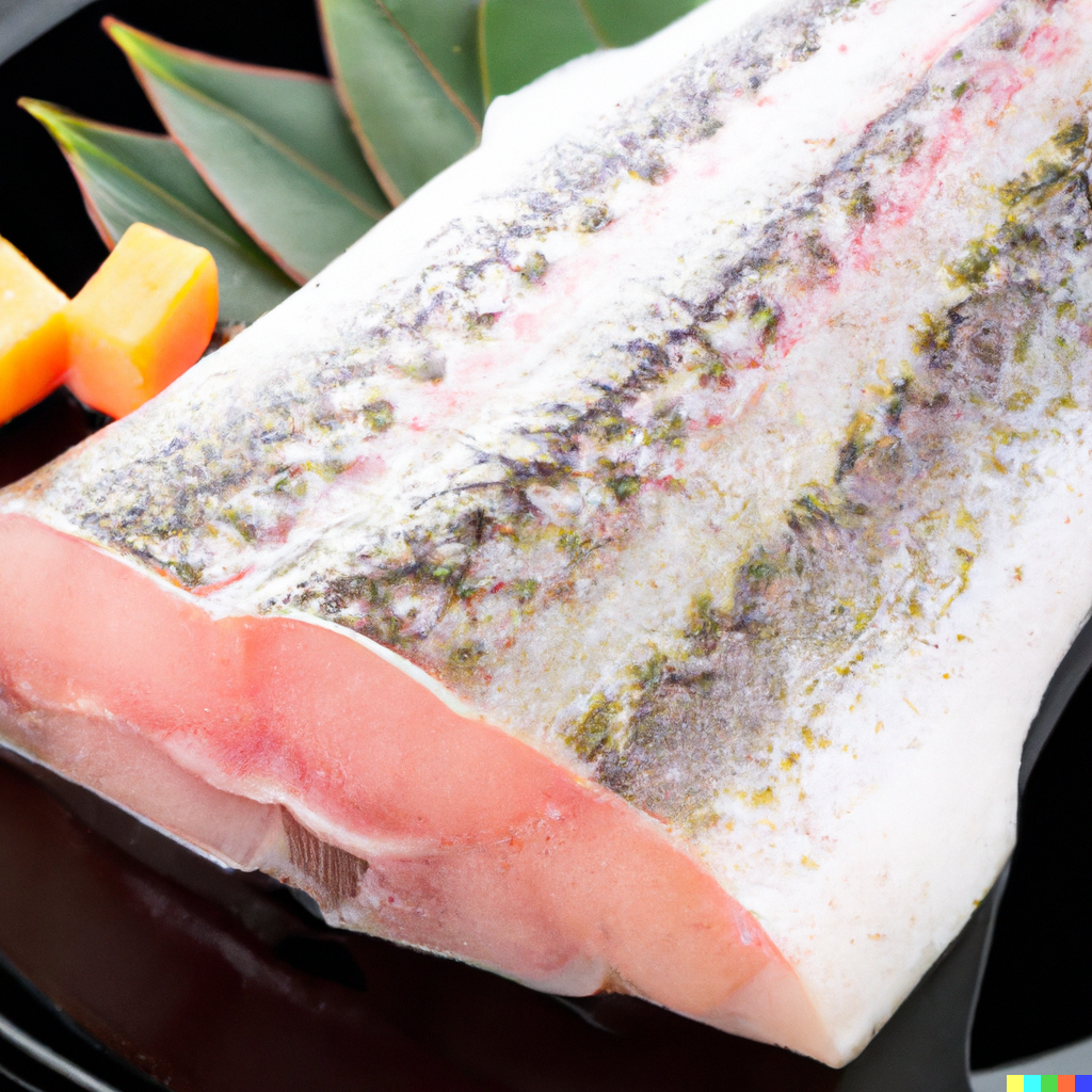 Fresh Pacific cod fillet on a white plate with lemon slices and fresh herbs on a wooden surface