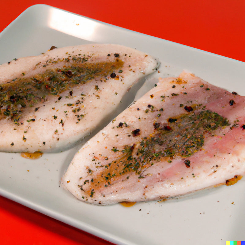 Illustration of two seasoned white fish fillets on a white plate