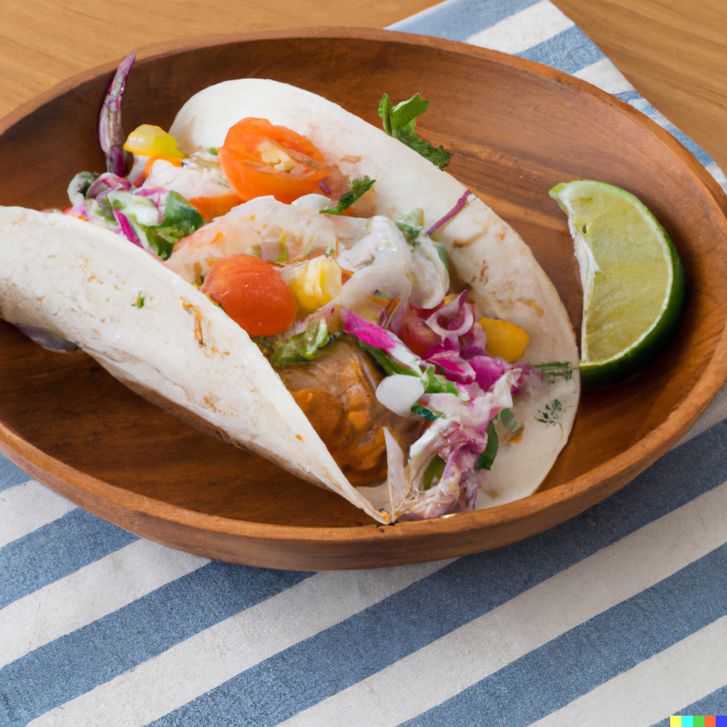 Pacific cod fish tacos on corn tortillas topped with shredded cabbage, pico de gallo, and lime wedges