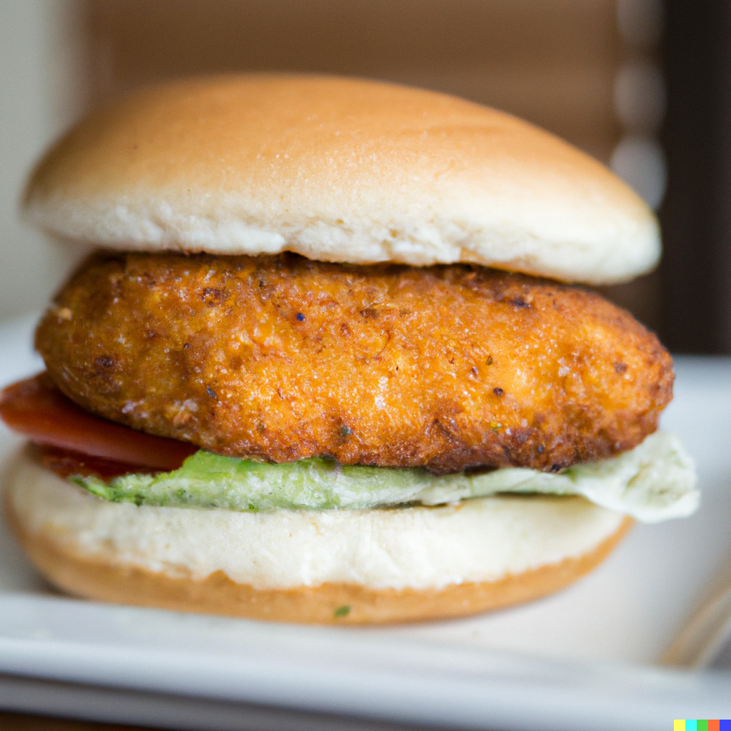 Juicy Pacific cod burger on a brioche bun with lettuce, tomato, and Old Bay sauce on a wooden board