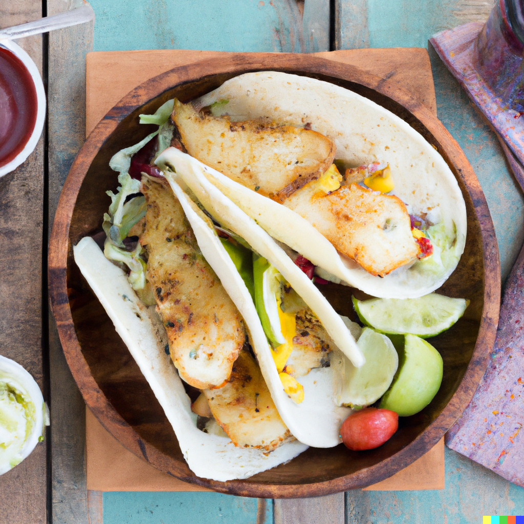 Crispy Pacific cod fish tacos on corn tortillas topped with shredded cabbage, cilantro, red onion, and lime wedges