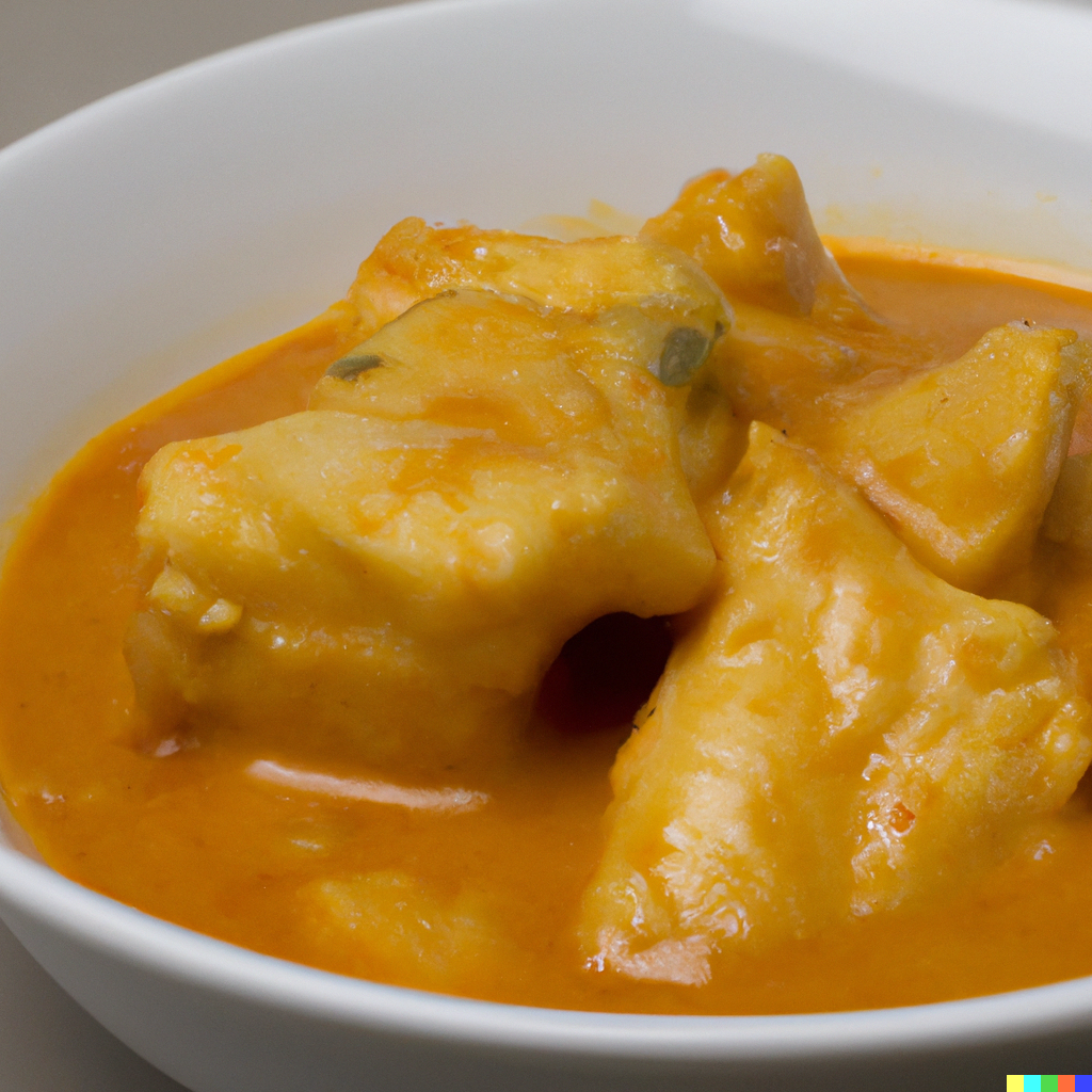 Pacific cod curry in a white bowl with coconut milk sauce, fresh cilantro, and steamed rice on the side