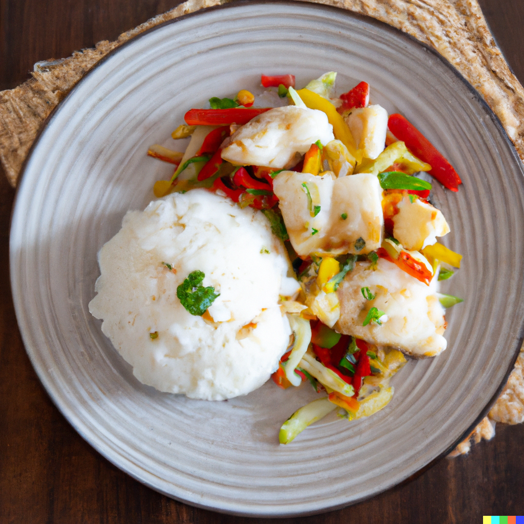 Pacific cod stir fry with broccoli, bell peppers, and brown rice in a wok
