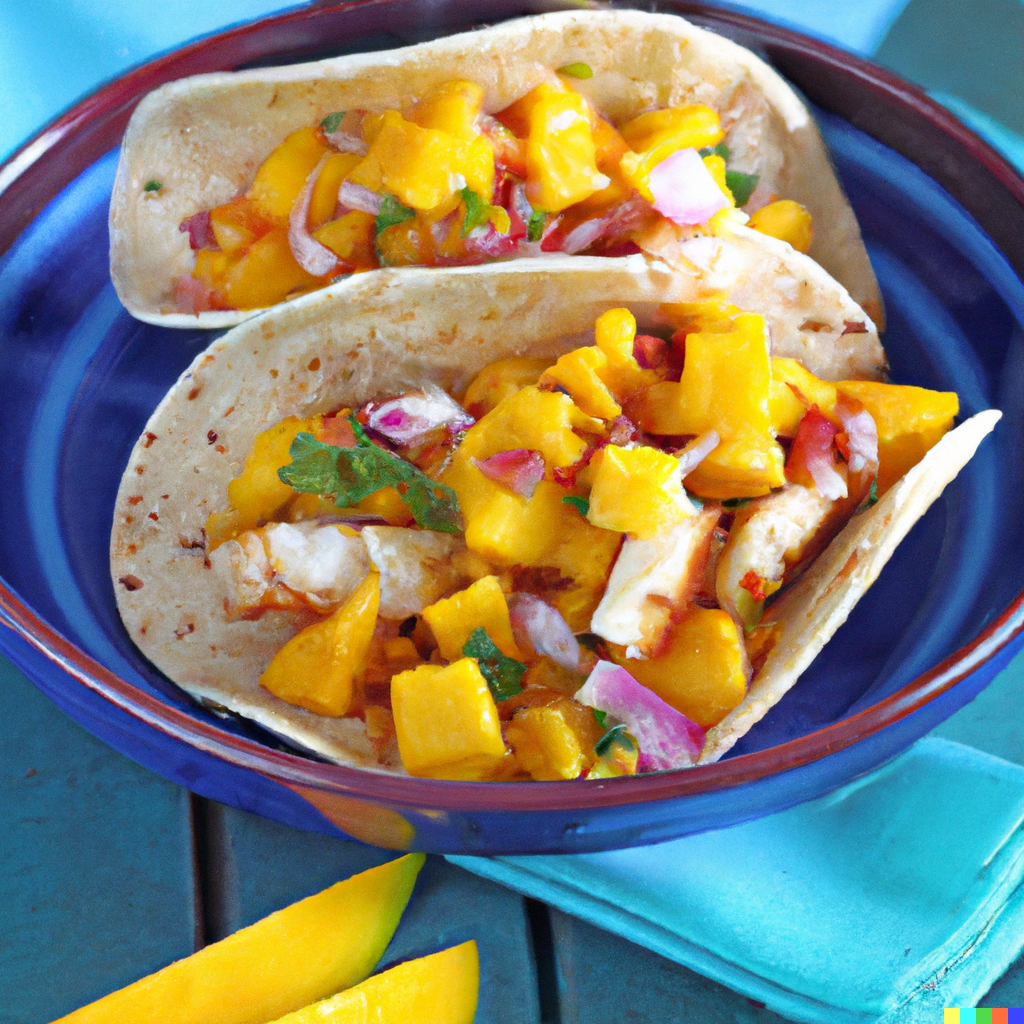 Pacific cod fish tacos topped with fresh mango salsa and shredded cabbage on corn tortillas