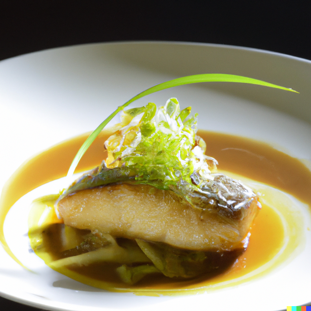 Baked Pacific cod fillet with golden miso glaze, garnished with sesame seeds and green onions