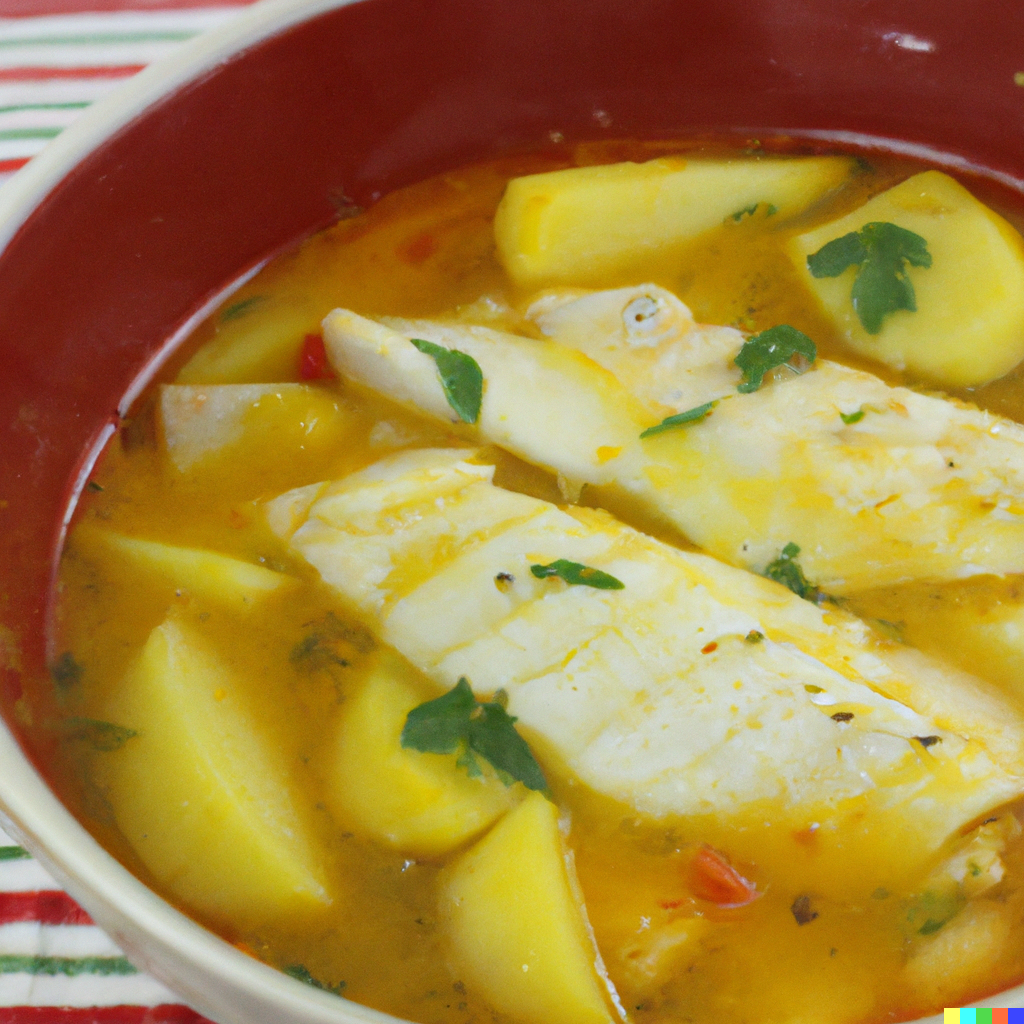 Pacific cod fish stew with vegetables and herbs served in a white bowl
