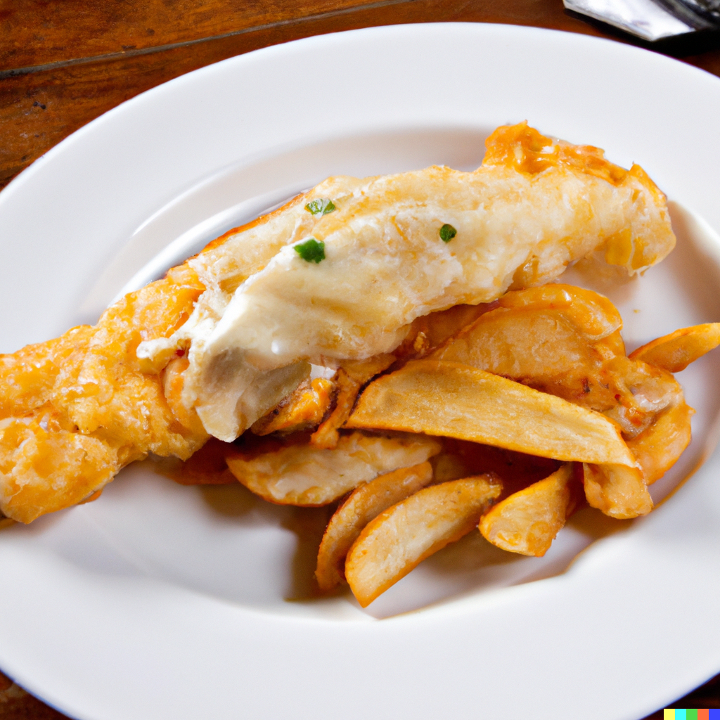 Crispy Pacific cod and chips served with golden fries and dipping sauce